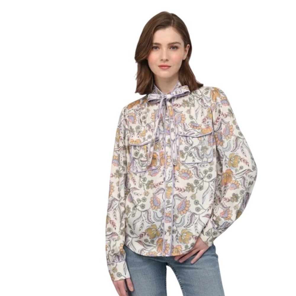 Fate Avara Bella Bow Sorority Blouse Cream Multi Floral Piping Top Medium NEW
